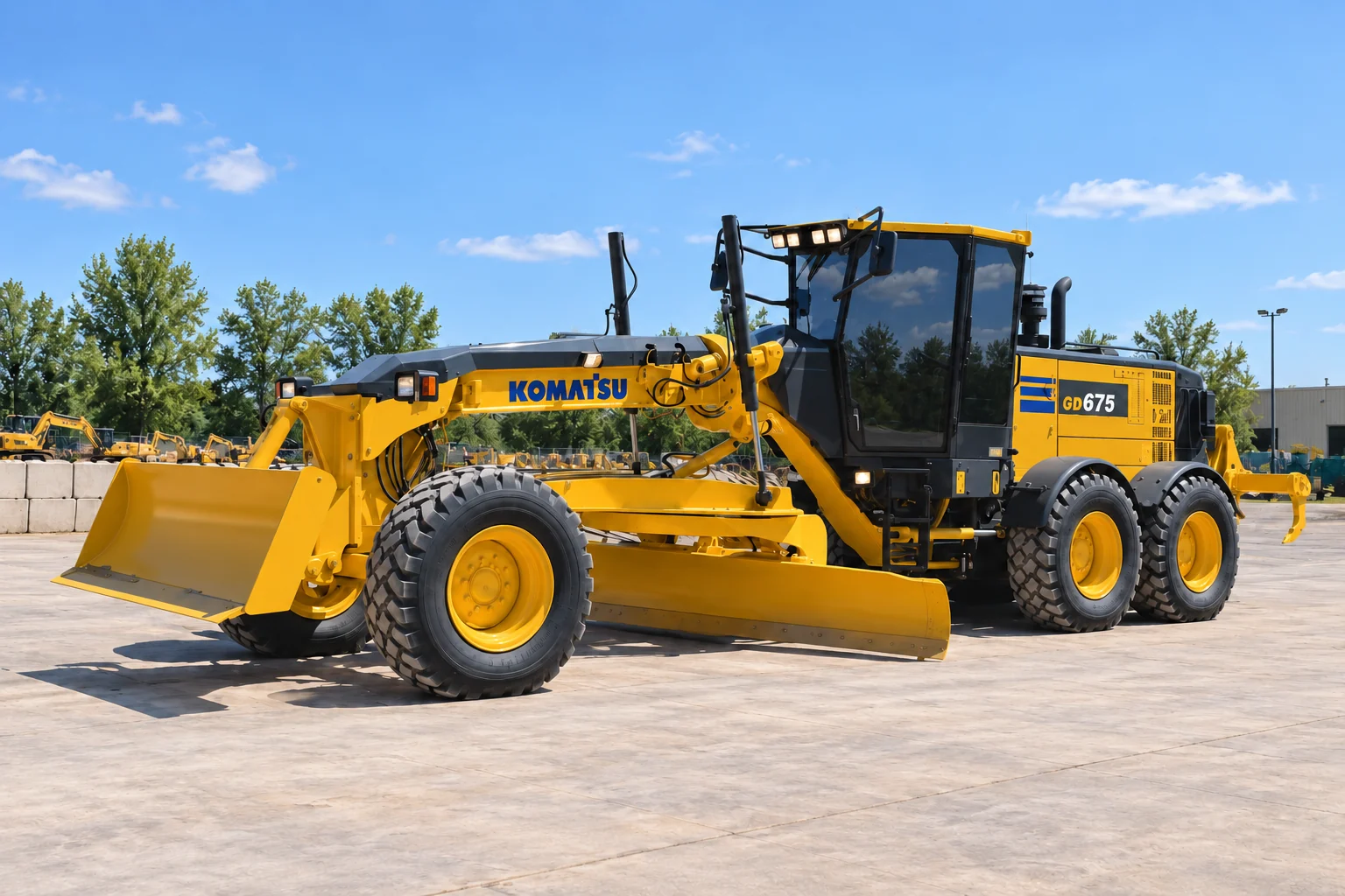 Illustrative exterior view of a Komatsu GD675-7 motor grader with a front dozer blade and rear ripper; not a photograph of a specific machine.