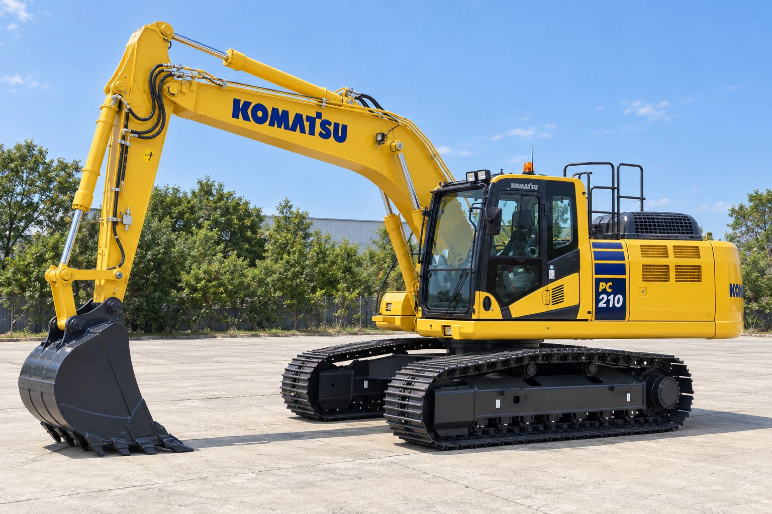 Illustrative front-left view for the Komatsu PC210-11 guide; for reference only, not a photograph of a specific machine