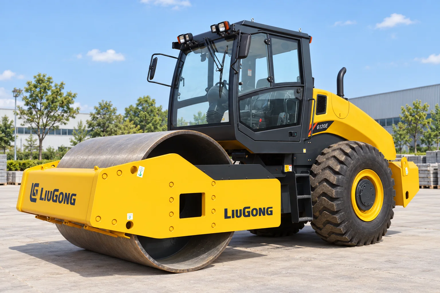 Illustrative front-quarter view of a LiuGong 6120E single-drum road roller; not a photograph of a specific machine.