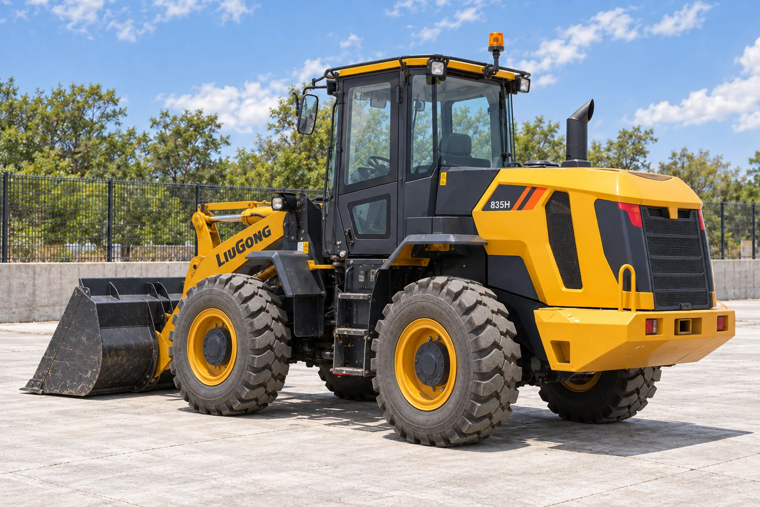 Illustrative rear left view of LiuGong 835H wheel loader; not a photograph of a specific machine.