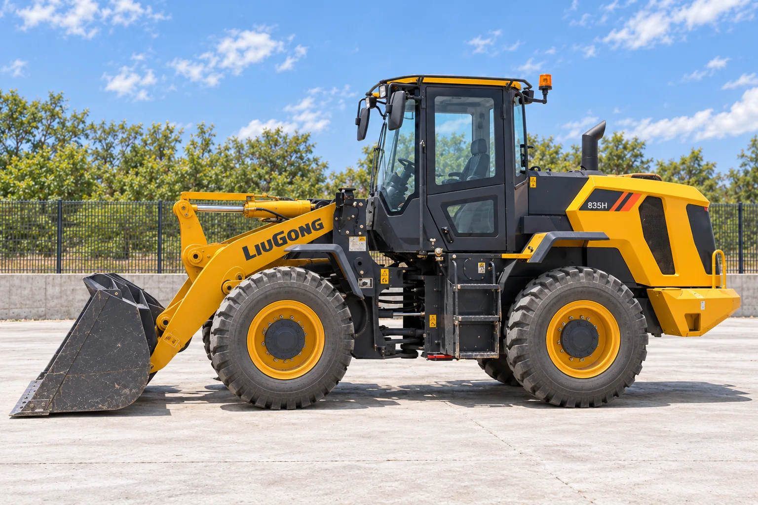 Illustrative left profile view of LiuGong 835H wheel loader; not a photograph of a specific machine.
