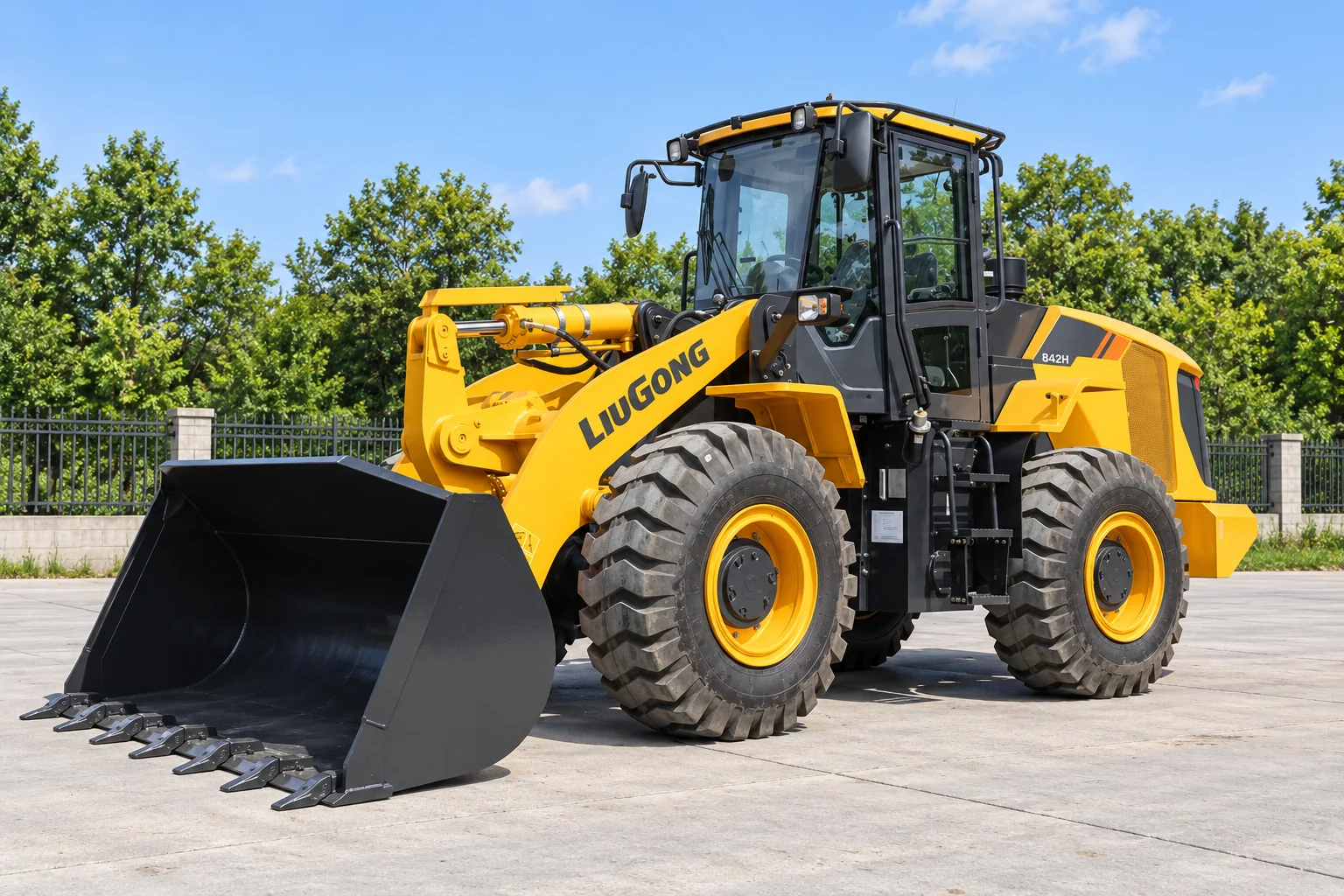 Illustrative front left view of LiuGong 842H wheel loader with toothed bucket example; not a photograph of a specific machine.