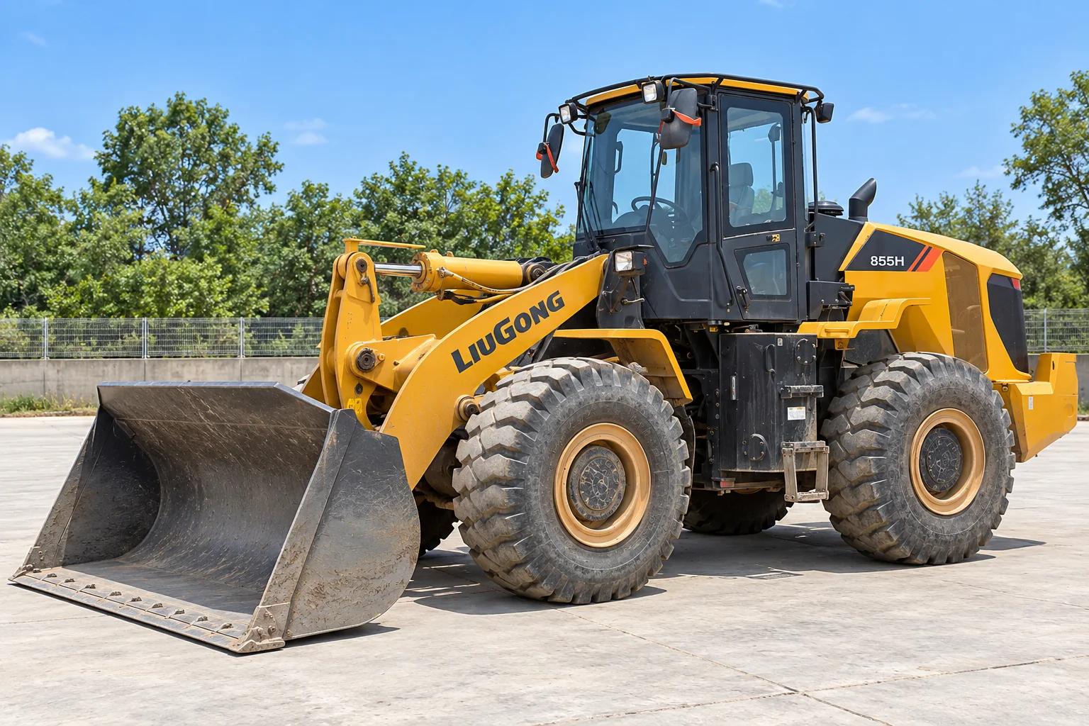 Illustrative front left view of LiuGong 855H wheel loader; not a photograph of a specific machine.