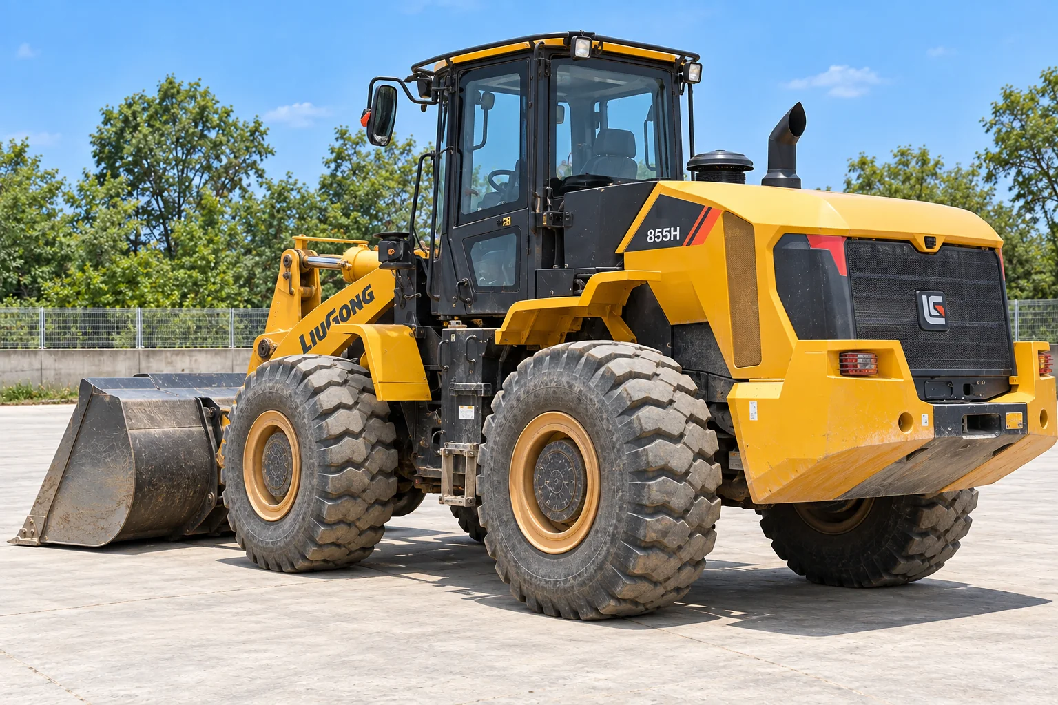 Illustrative rear left view of LiuGong 855H wheel loader; not a photograph of a specific machine.