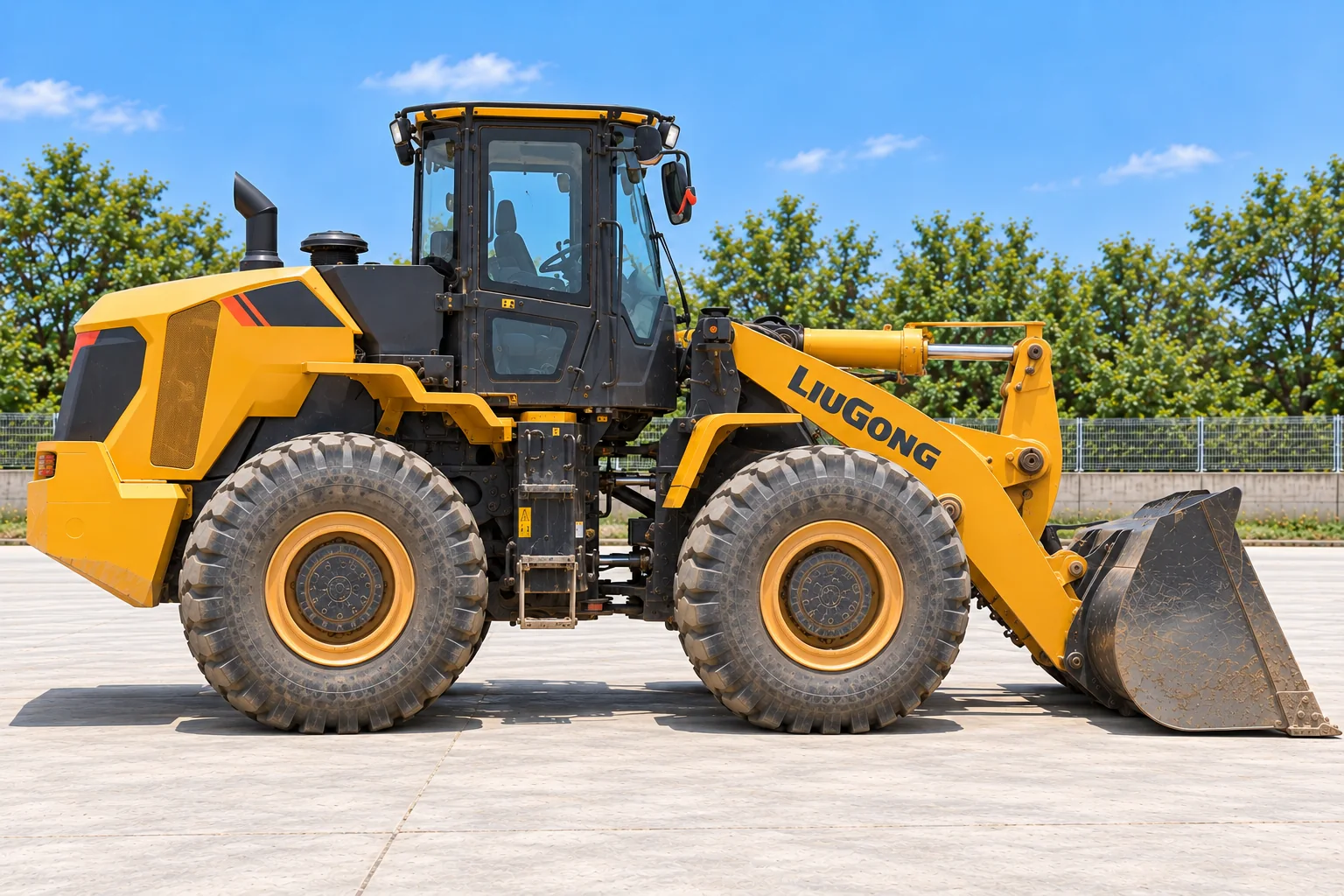 Illustrative right profile view of LiuGong 855H wheel loader; not a photograph of a specific machine.
