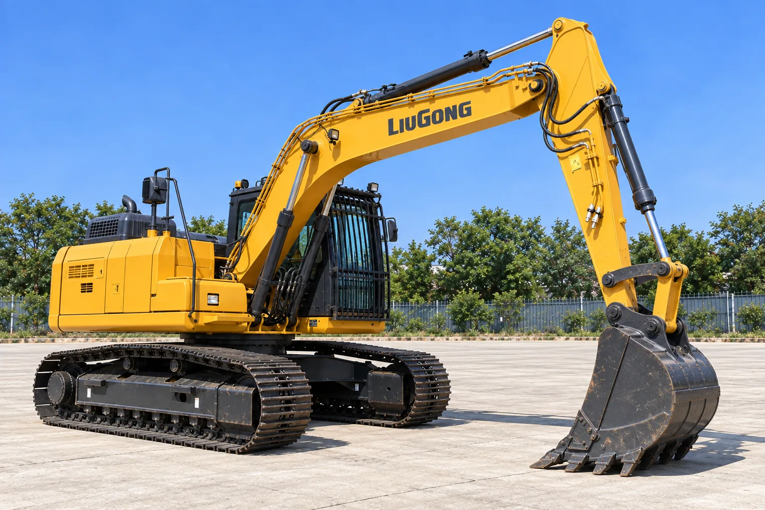 Illustrative exterior front right 45 view of LiuGong 915E excavator; not a photograph of a specific machine.