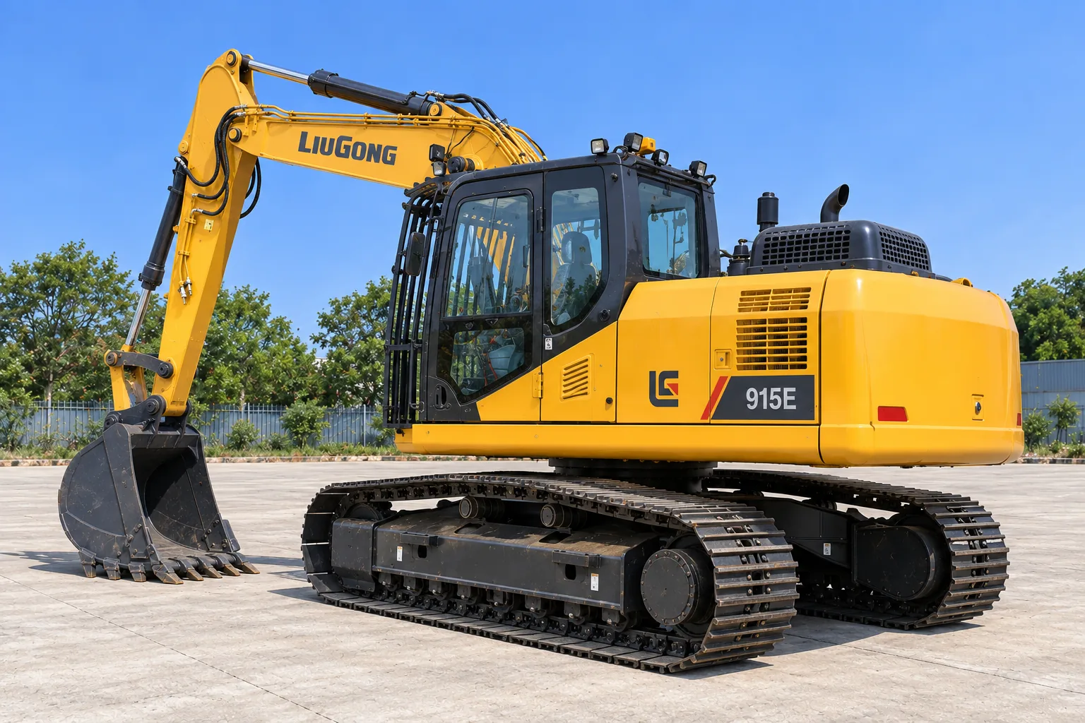 Illustrative exterior rear left 45 view of LiuGong 915E excavator; not a photograph of a specific machine.