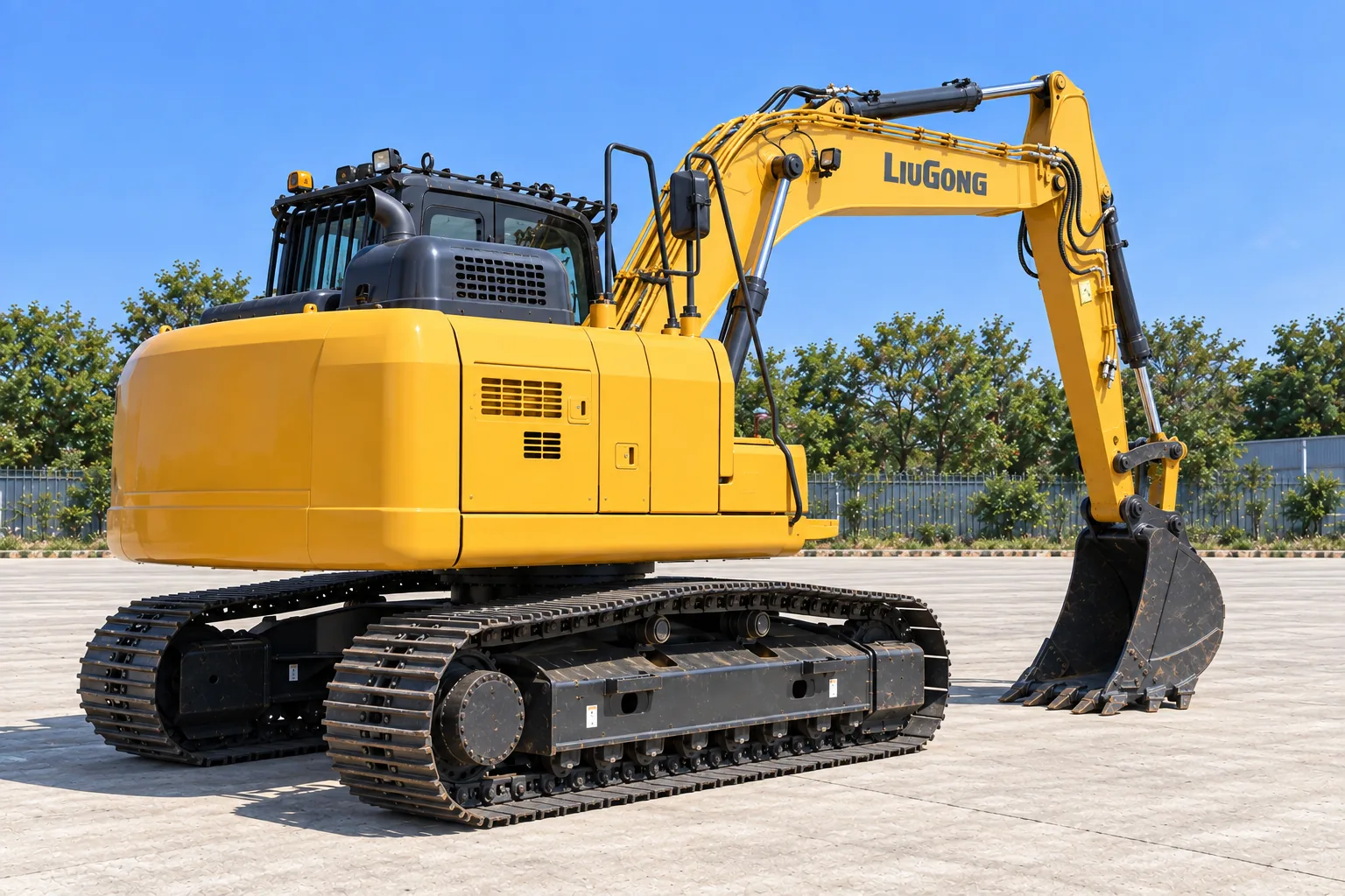 Illustrative exterior rear right 45 view of LiuGong 915E excavator; not a photograph of a specific machine.