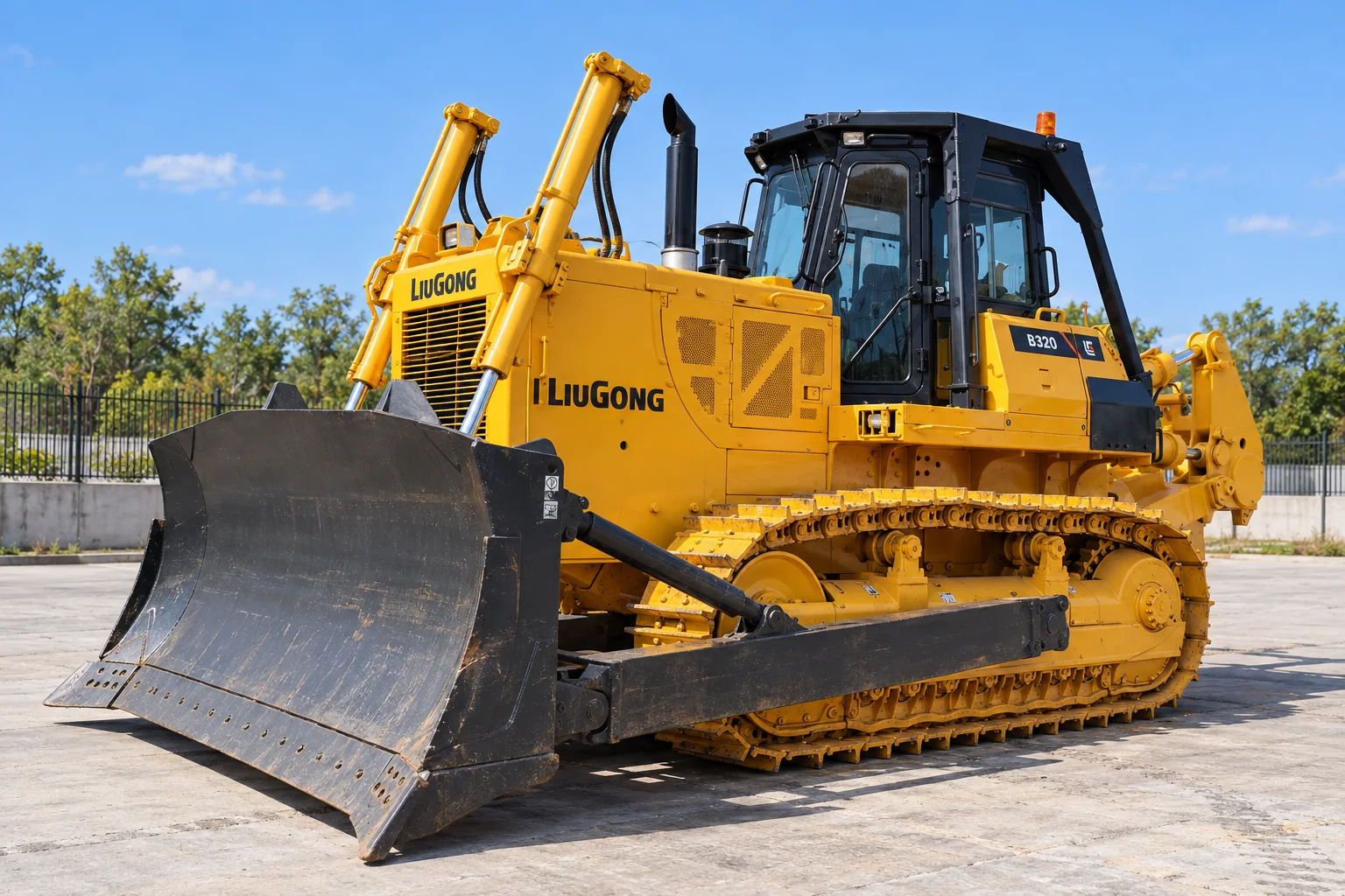 Illustrative front left view of LiuGong B320 bulldozer with blade and rear ripper example; not a photograph of a specific machine.