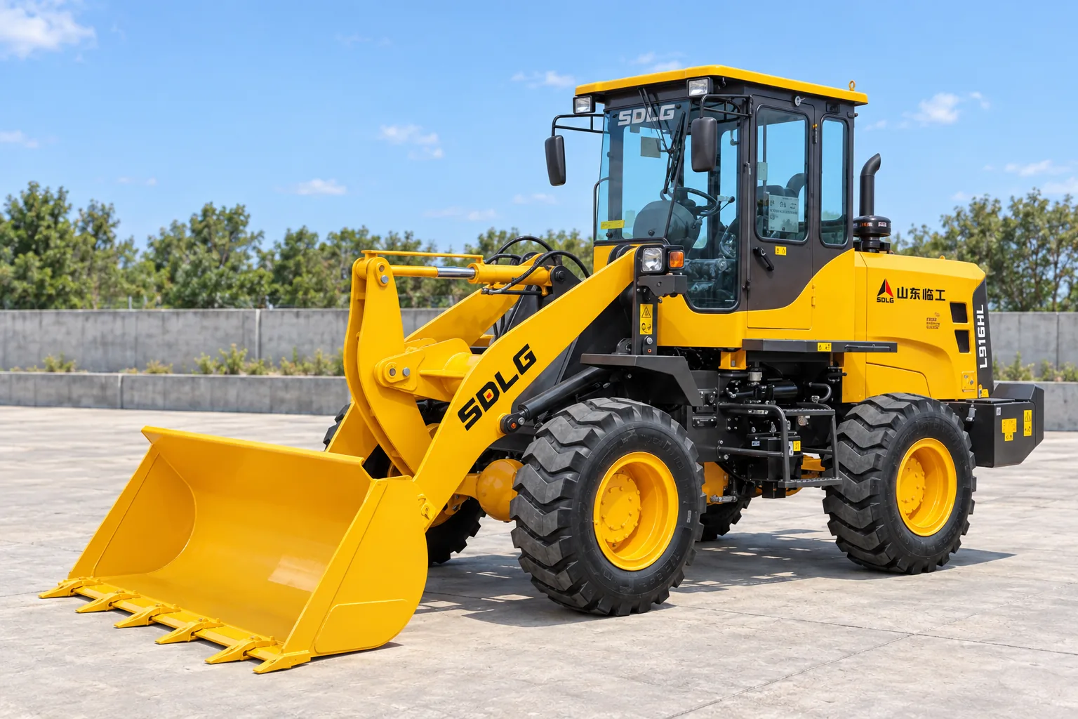 Illustrative front-left exterior view of an SDLG L916HL wheel loader; not a photograph of a specific machine.