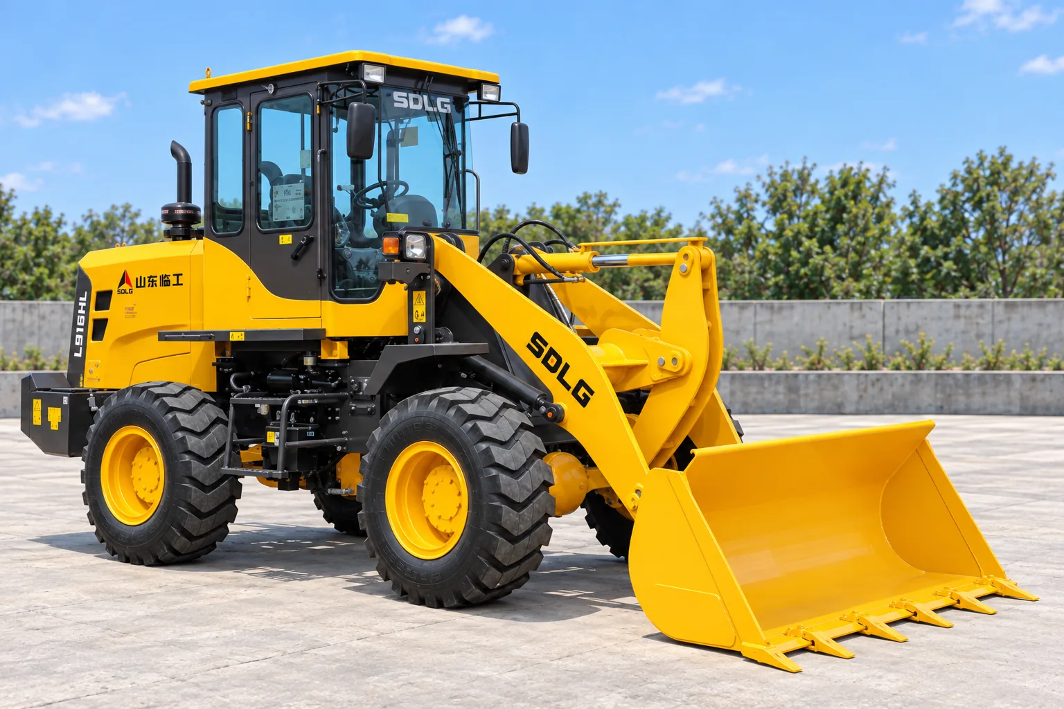 Illustrative front-right exterior view of an SDLG L916HL wheel loader; not a photograph of a specific machine.