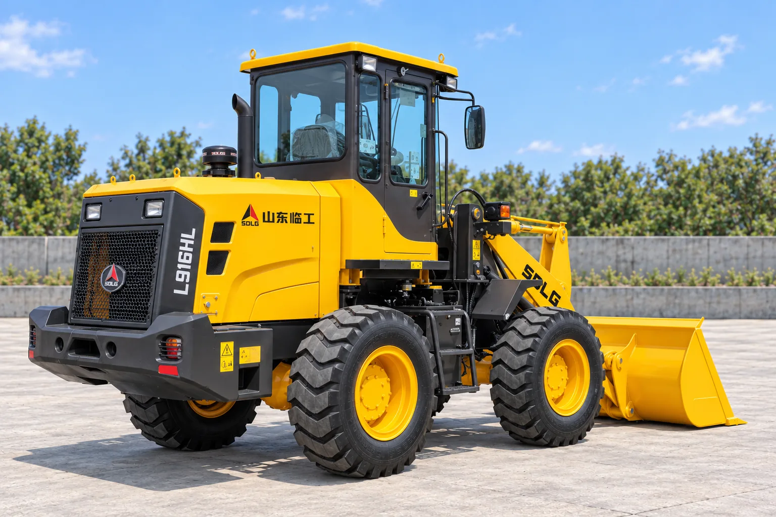 Illustrative rear-left exterior view of an SDLG L916HL wheel loader; not a photograph of a specific machine.