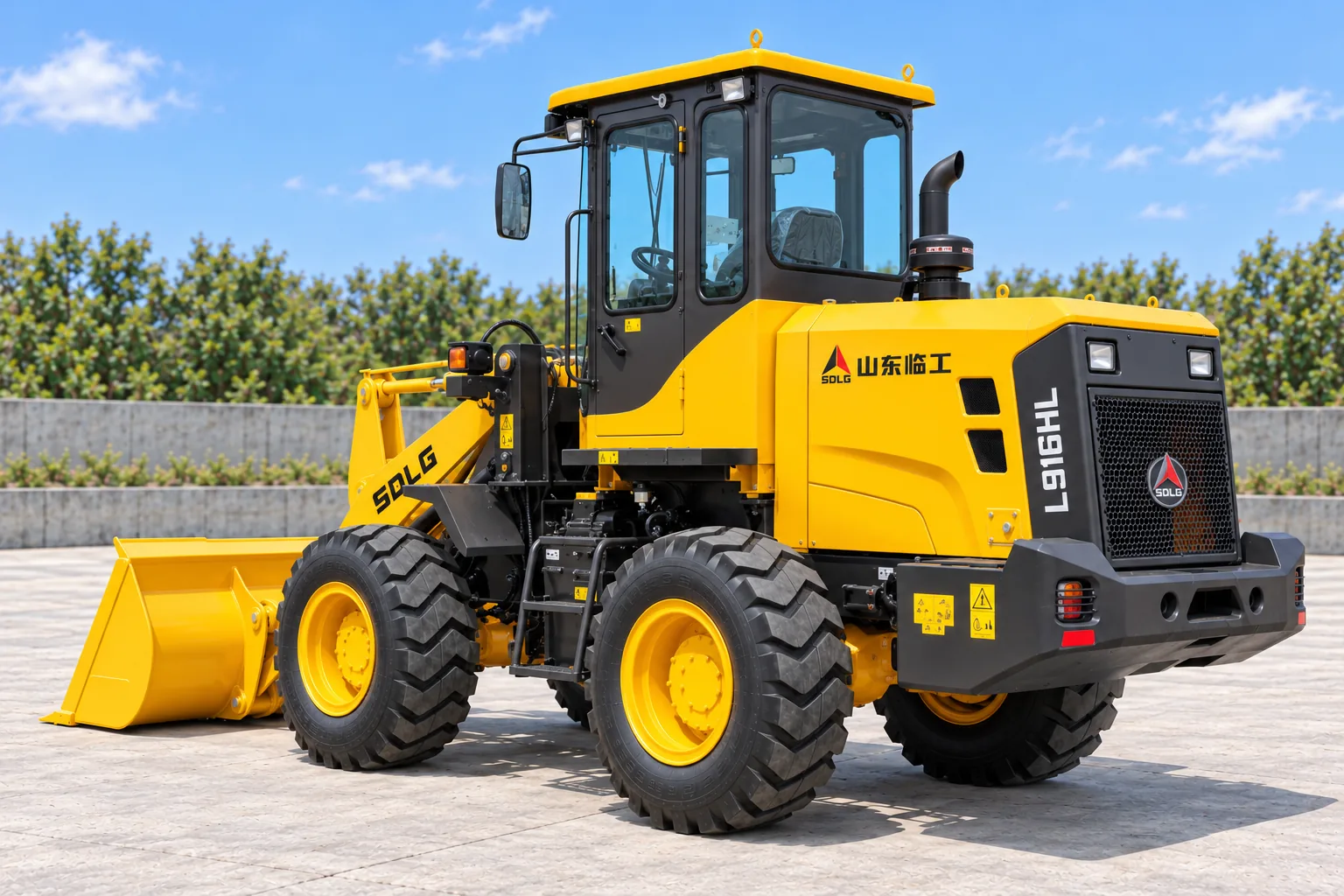 Illustrative rear-right exterior view of an SDLG L916HL wheel loader; not a photograph of a specific machine.