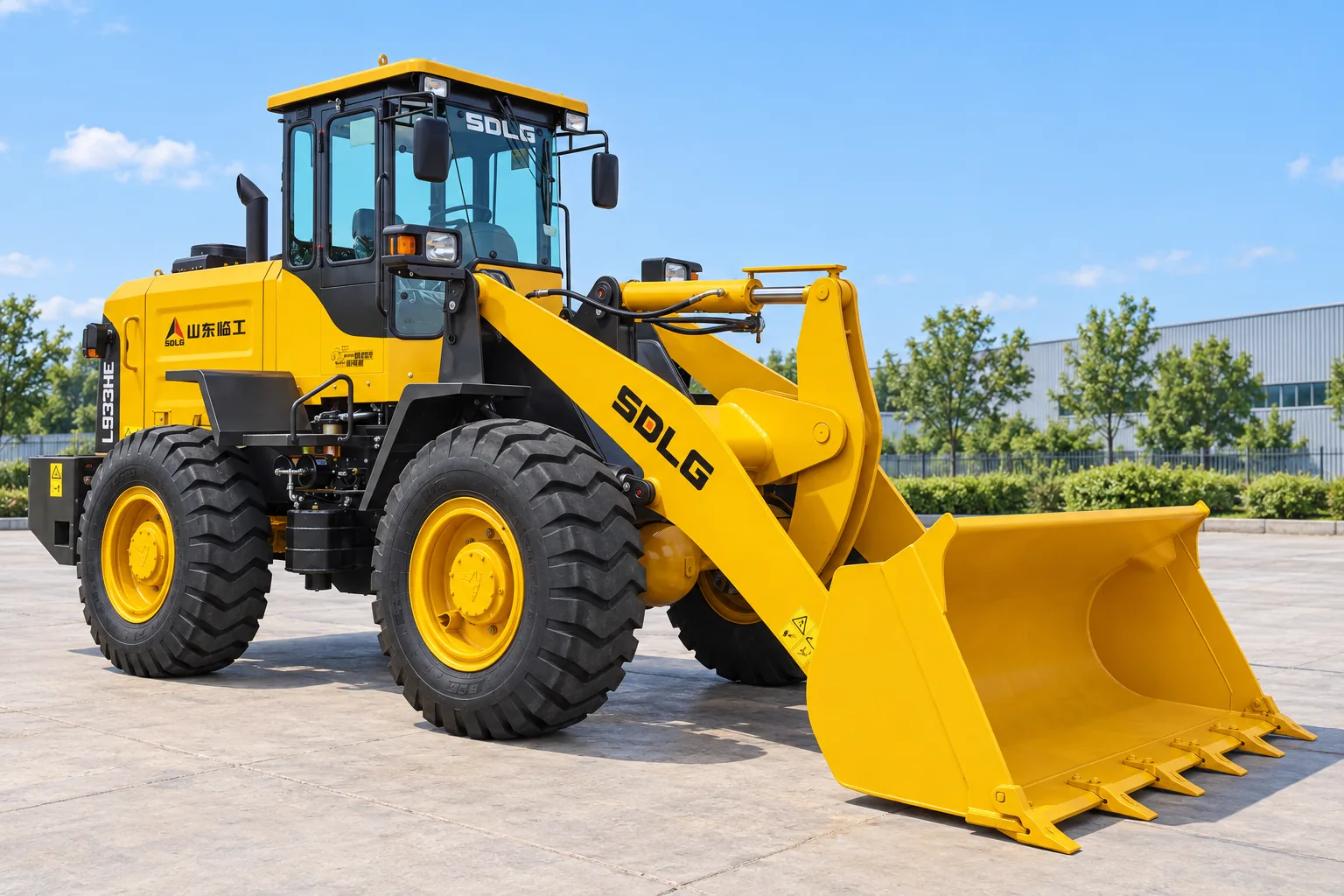Illustrative front-left exterior view of an SDLG L933HE wheel loader; not a photograph of a specific machine.