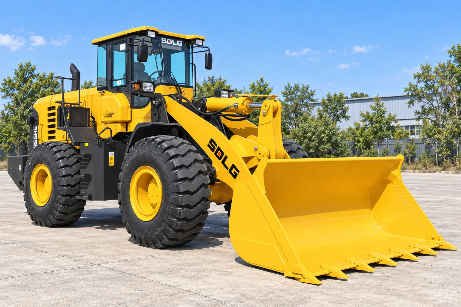 Illustrative front-left exterior view of an SDLG L955HE wheel loader; not a photograph of a specific machine.