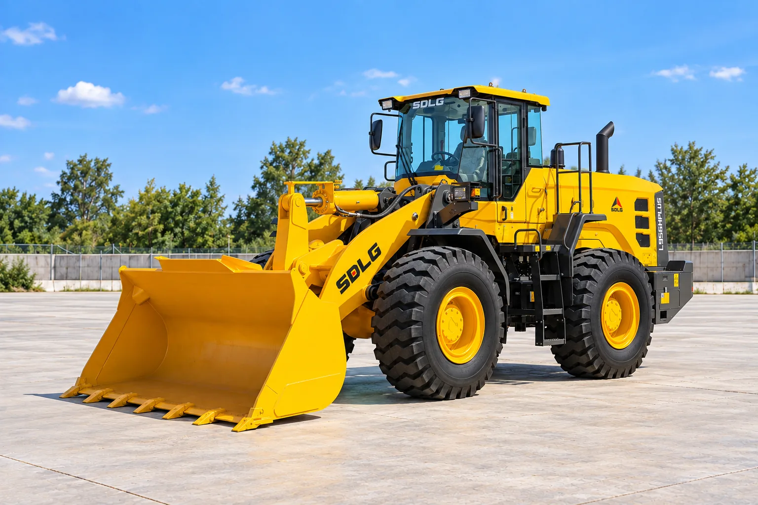 Illustrative front-left exterior view of an SDLG L956H Plus wheel loader; not a photograph of a specific machine.