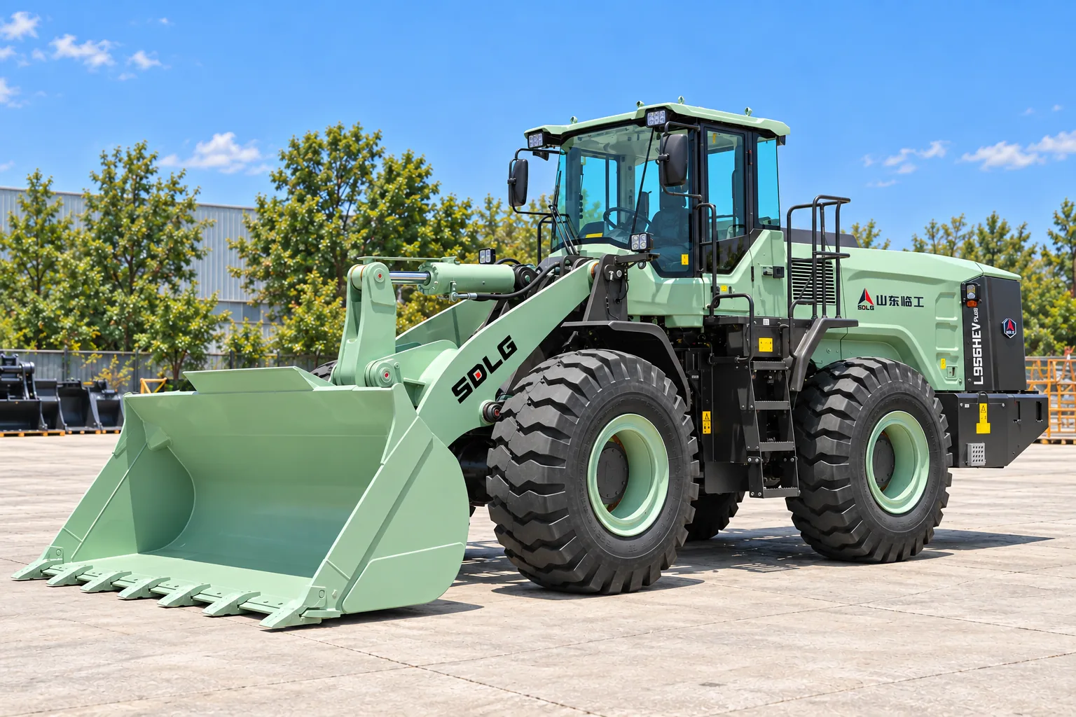 Illustrative front-left exterior view of an SDLG L956HEVPLUS electric wheel loader; not a photograph of a specific machine.