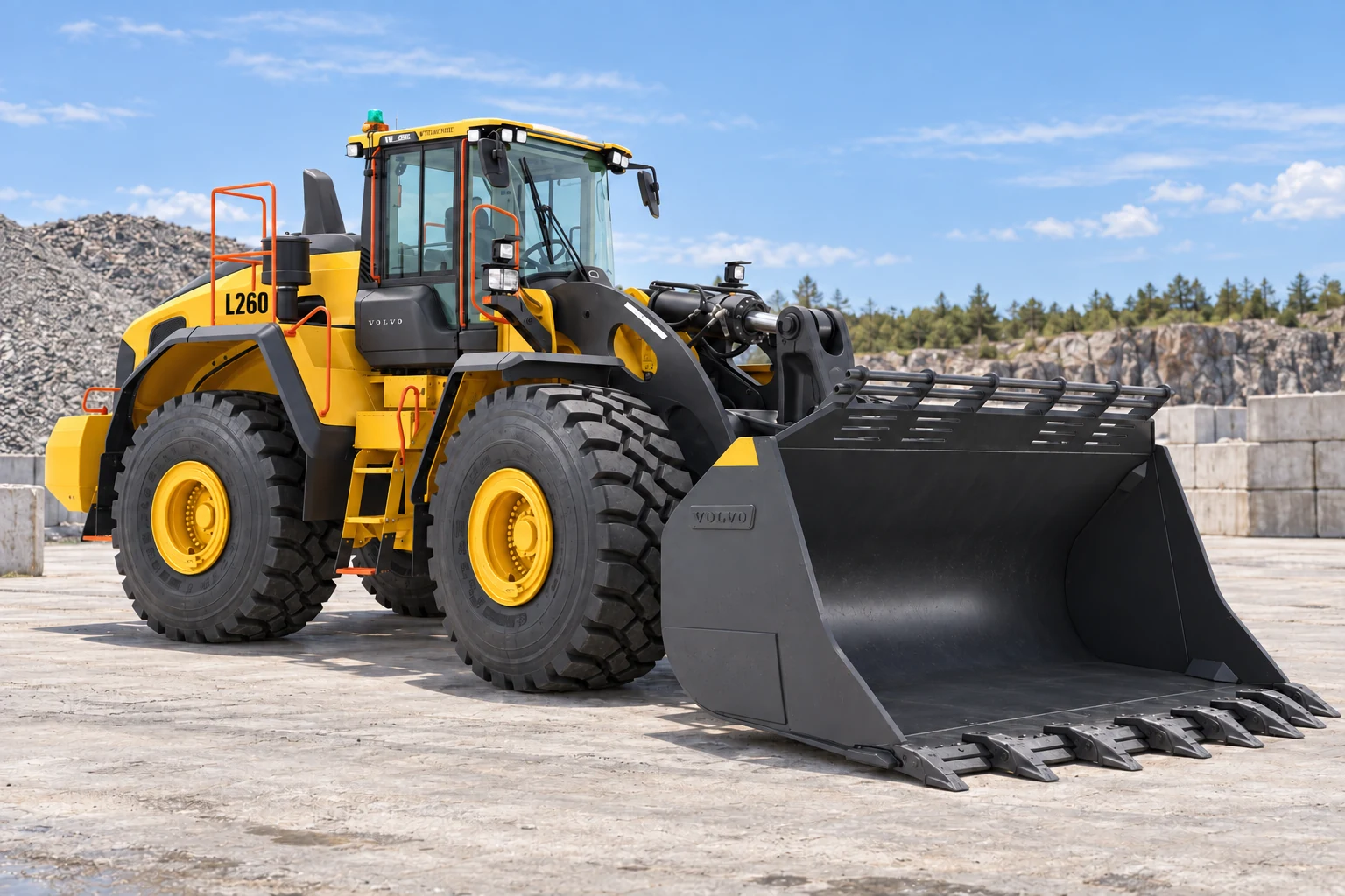 Illustrative exterior front three quarter view of Volvo L260 wheel loader; not a photograph of a specific machine.