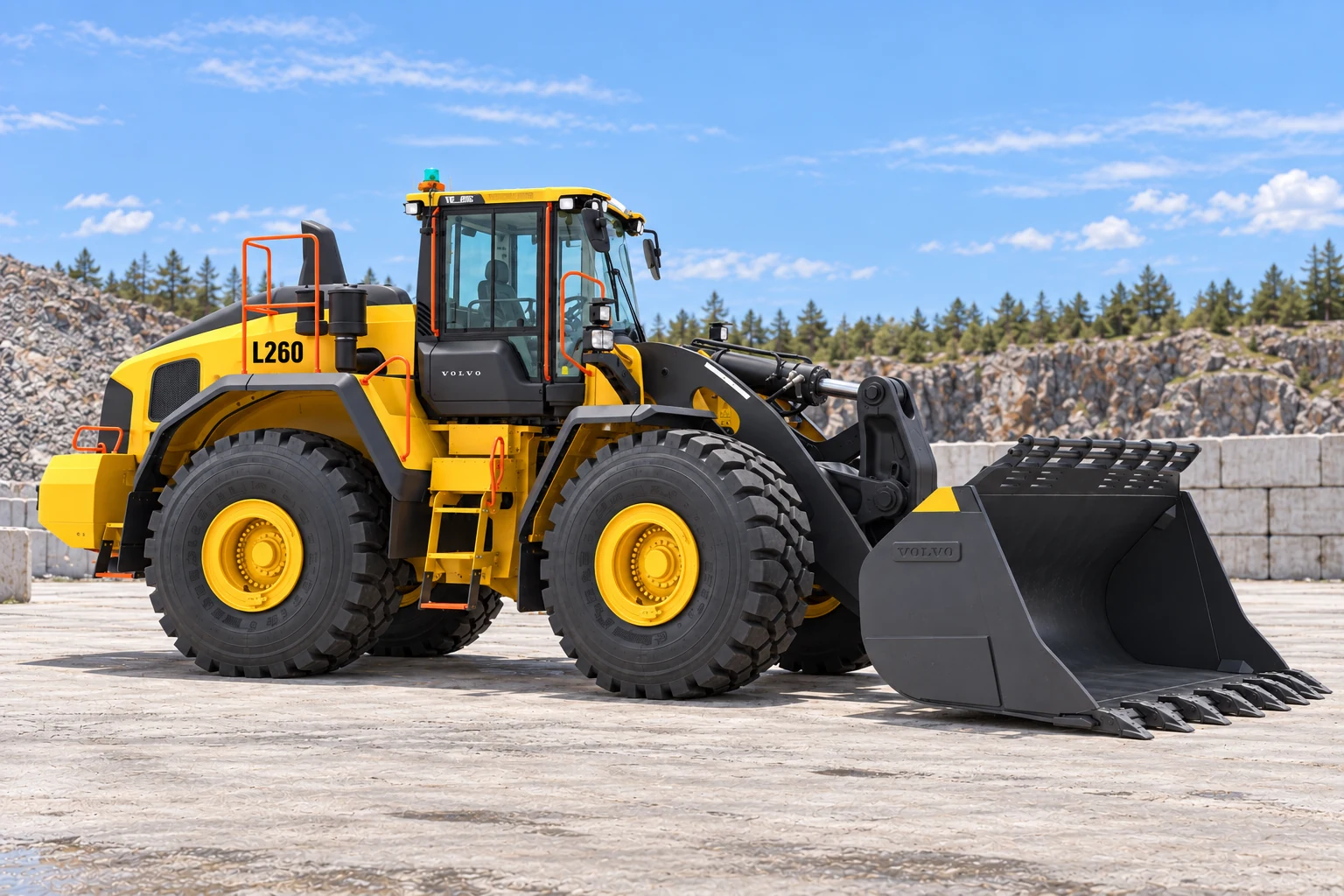 Illustrative exterior side profile view of Volvo L260 wheel loader; not a photograph of a specific machine.