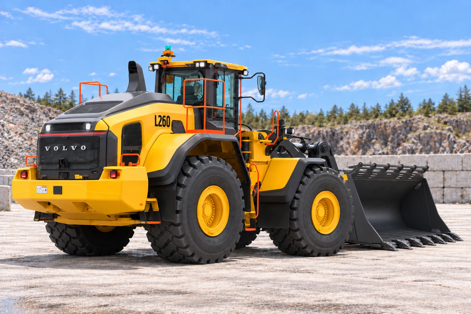 Illustrative exterior rear three quarter view of Volvo L260 wheel loader; not a photograph of a specific machine.