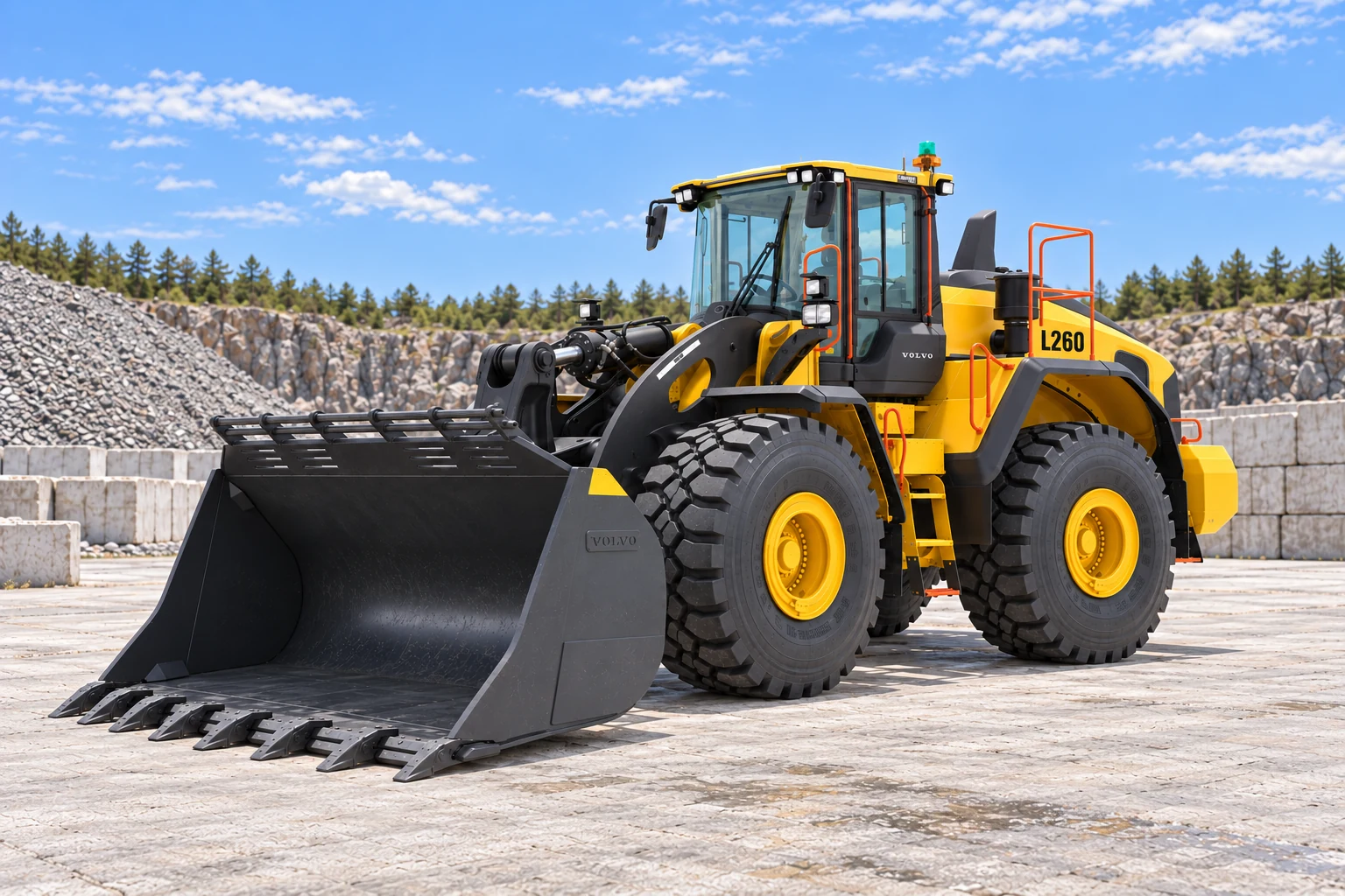Illustrative exterior opposite front three quarter view of Volvo L260 wheel loader; not a photograph of a specific machine.