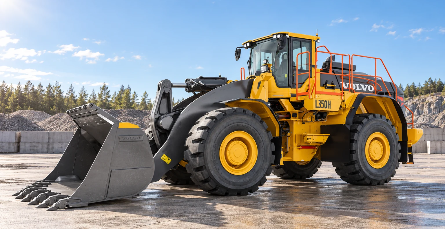 Illustrative exterior front three quarter view of Volvo L350H wheel loader; not a photograph of a specific machine.