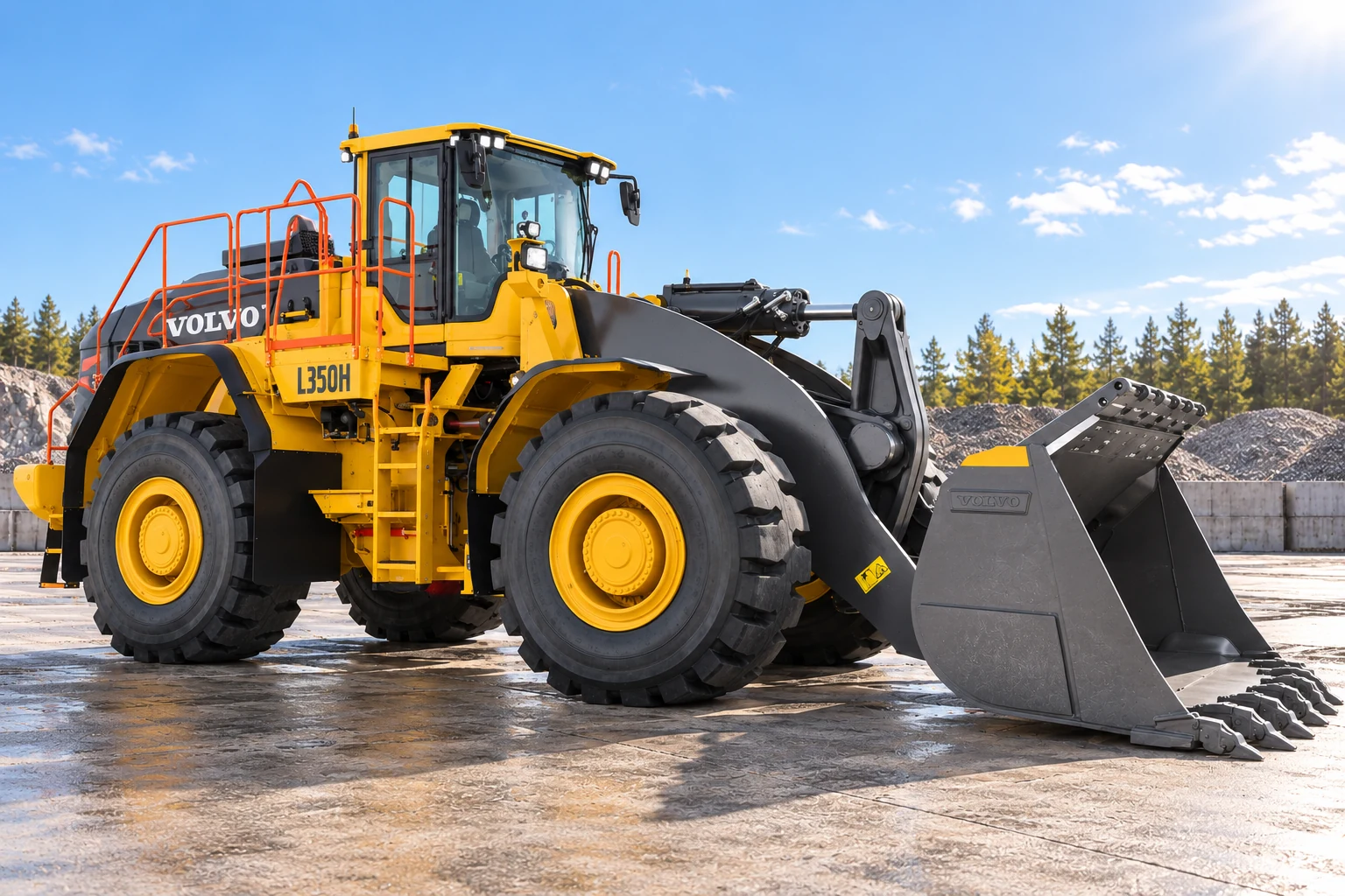 Illustrative exterior opposite front three quarter view of Volvo L350H wheel loader; not a photograph of a specific machine.