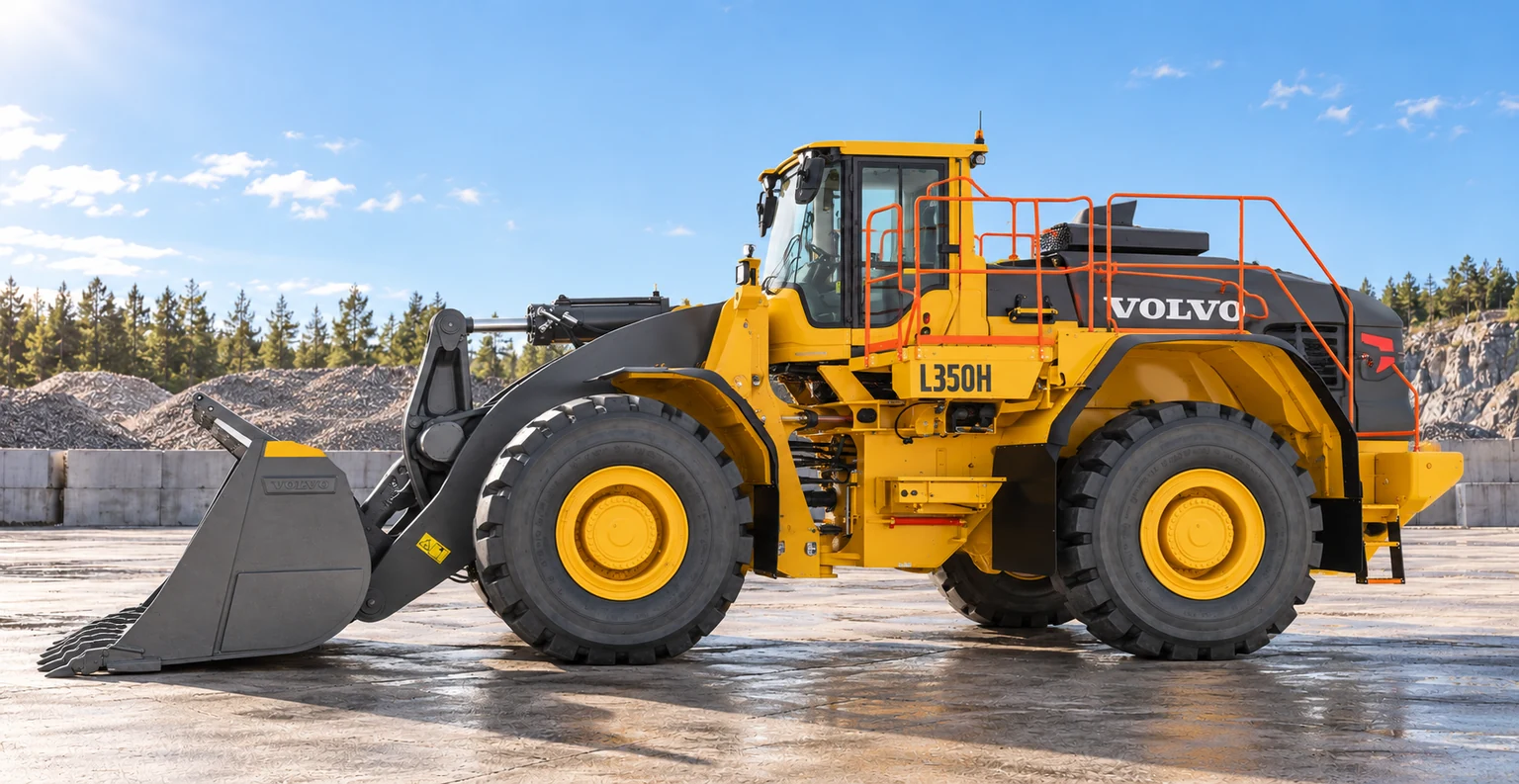 Illustrative exterior side profile view of Volvo L350H wheel loader; not a photograph of a specific machine.
