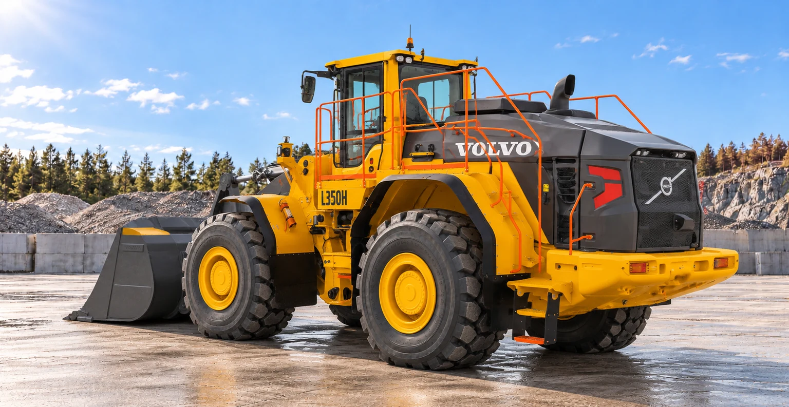 Illustrative exterior rear three quarter view of Volvo L350H wheel loader; not a photograph of a specific machine.