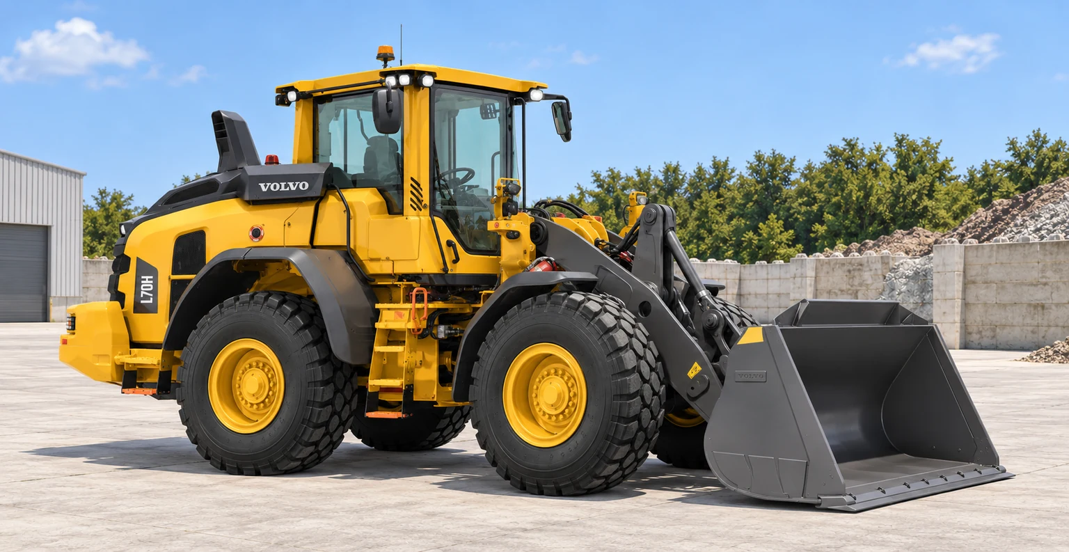 Illustrative exterior opposite-front-three-quarter view of Volvo L70H wheel loader; not a photograph of a specific machine.