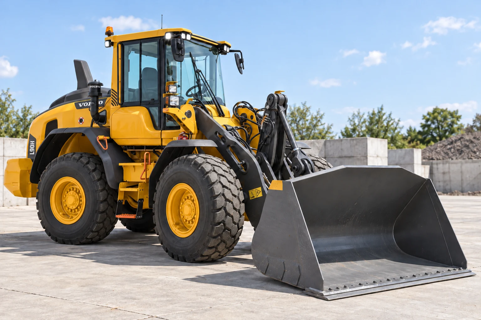 Illustrative exterior front-three-quarter view of Volvo L90H wheel loader; not a photograph of a specific machine.