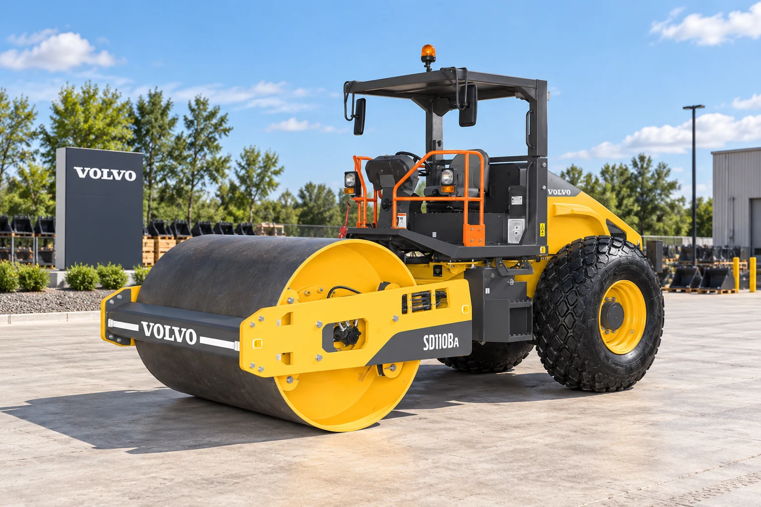 Illustrative exterior view 1 of a Volvo SD110BA single-drum compactor; not a photograph of a specific machine.