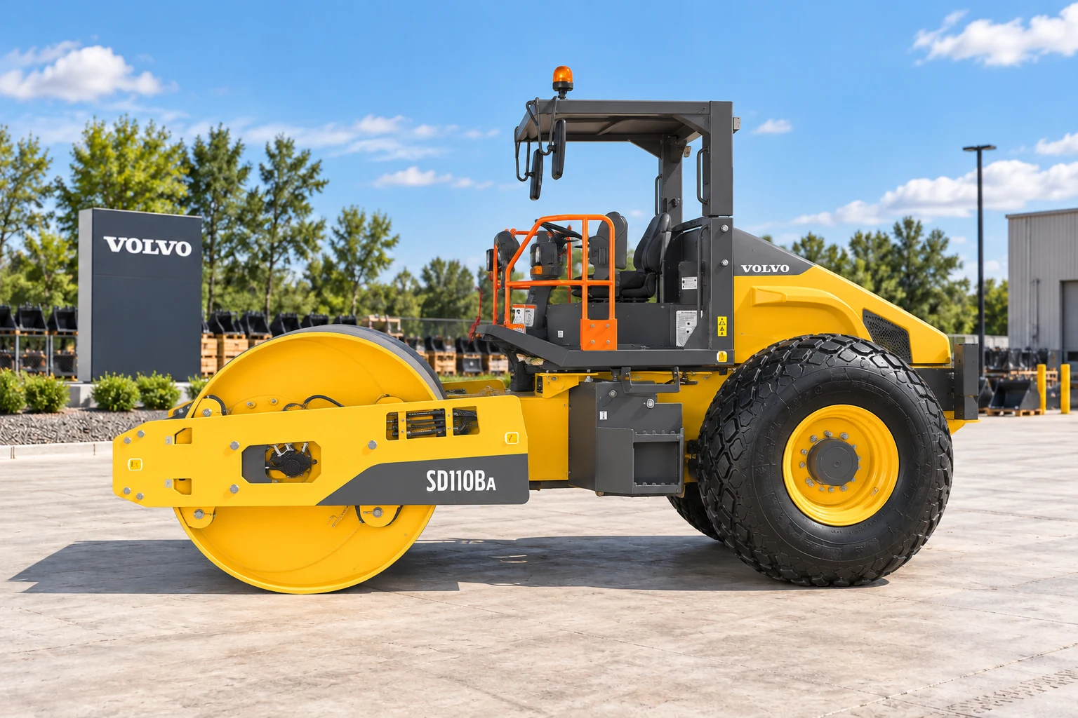 Illustrative exterior view 2 of a Volvo SD110BA single-drum compactor; not a photograph of a specific machine.