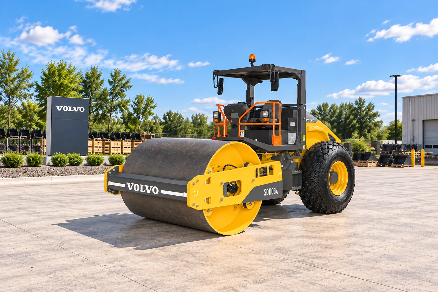 Illustrative exterior view 3 of a Volvo SD110BA single-drum compactor; not a photograph of a specific machine.
