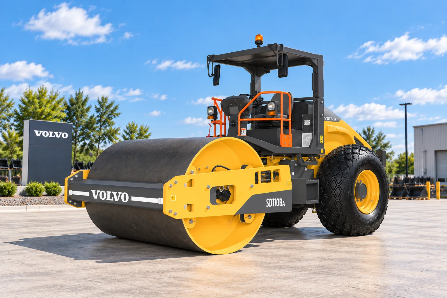 Illustrative exterior view 4 of a Volvo SD110BA single-drum compactor; not a photograph of a specific machine.