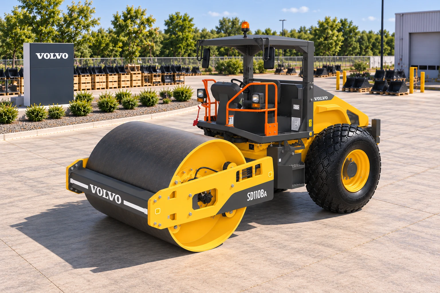 Illustrative exterior view 5 of a Volvo SD110BA single-drum compactor; not a photograph of a specific machine.