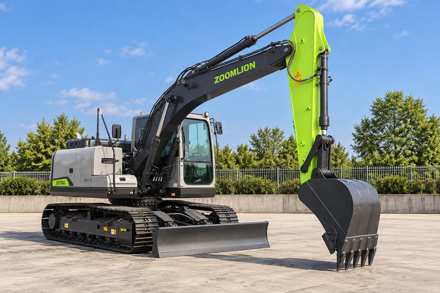 Illustrative left oblique view of a Zoomlion ZE135G enclosed-cab excavator; not a photograph of a specific machine.