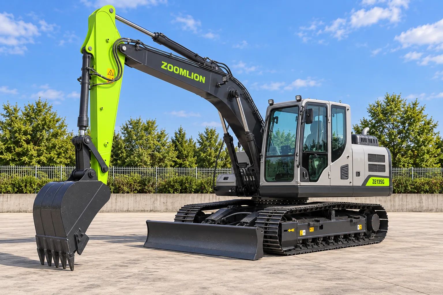 Illustrative right oblique view of a Zoomlion ZE135G enclosed-cab excavator; not a photograph of a specific machine.
