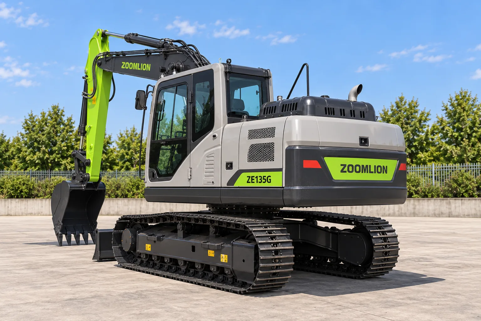 Illustrative rear-left oblique view of a Zoomlion ZE135G enclosed-cab excavator; not a photograph of a specific machine.