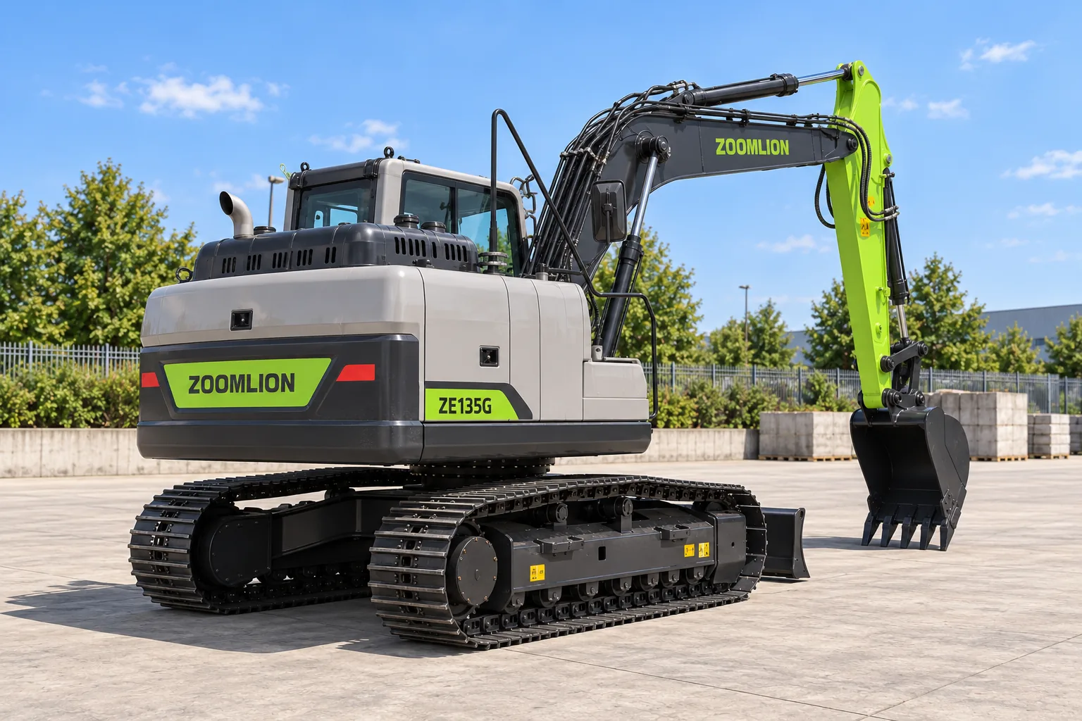 Illustrative rear-right oblique view of a Zoomlion ZE135G enclosed-cab excavator; not a photograph of a specific machine.