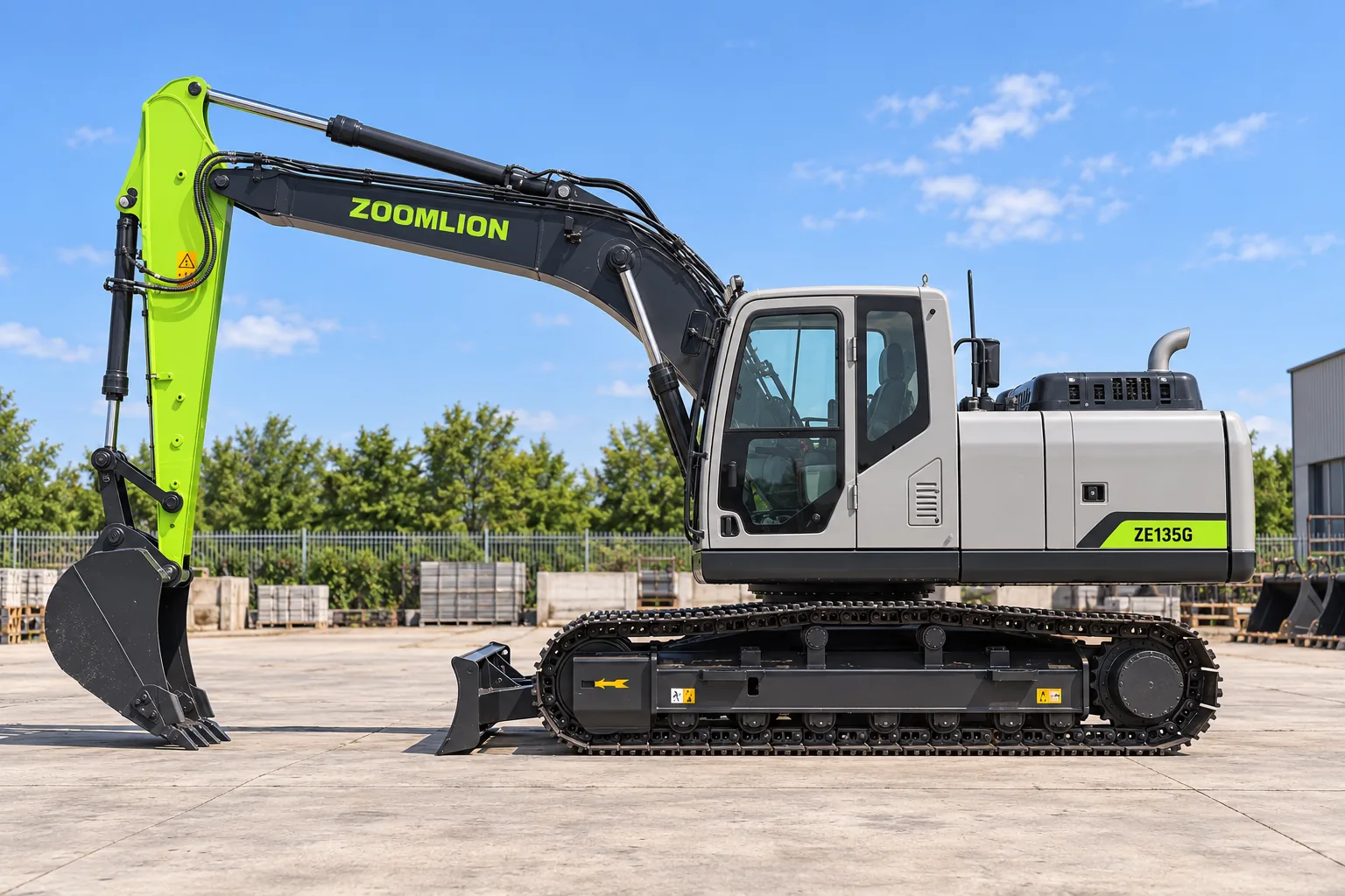 Illustrative left-side profile view of a Zoomlion ZE135G enclosed-cab excavator; not a photograph of a specific machine.