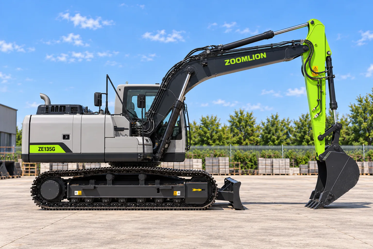 Illustrative right-side profile view of a Zoomlion ZE135G enclosed-cab excavator; not a photograph of a specific machine.