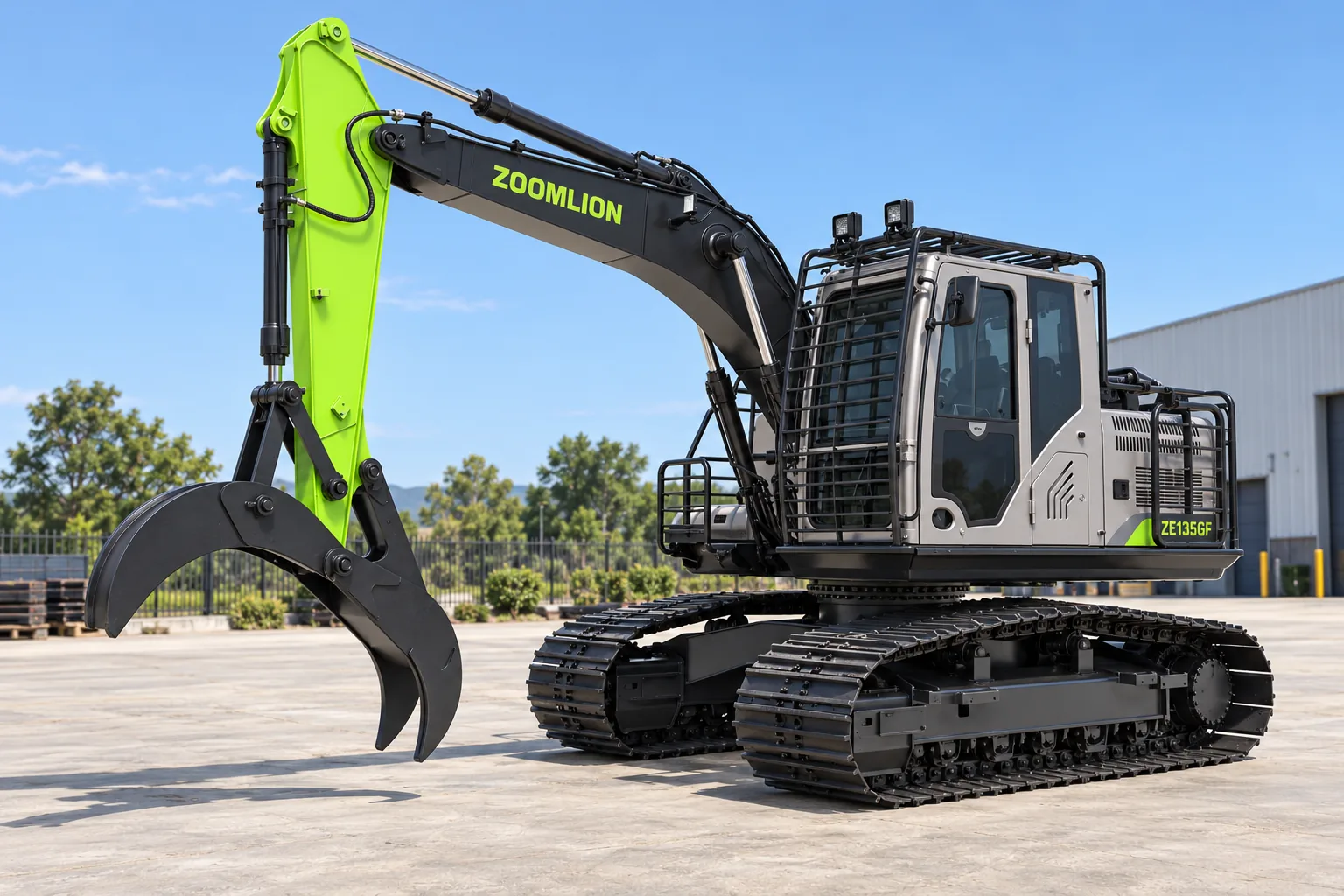 Illustrative left oblique view of a Zoomlion ZE135GF forestry grapple excavator; not a photograph of a specific machine.