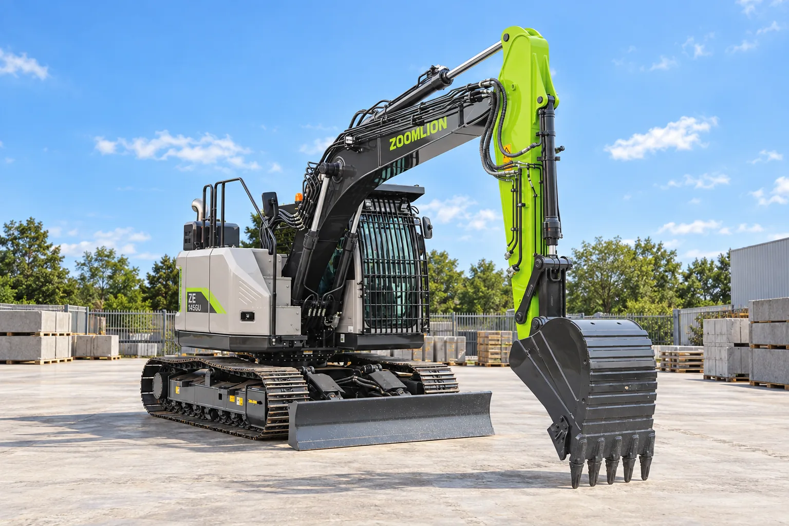 Illustrative forward oblique A view of a Zoomlion ZE145GU excavator with pictured cab guard, digging bucket and blade; not a photograph of a specific machine.