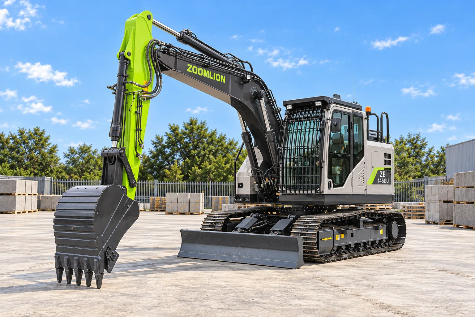 Illustrative forward oblique B view of a Zoomlion ZE145GU excavator with pictured cab guard, digging bucket and blade; not a photograph of a specific machine.