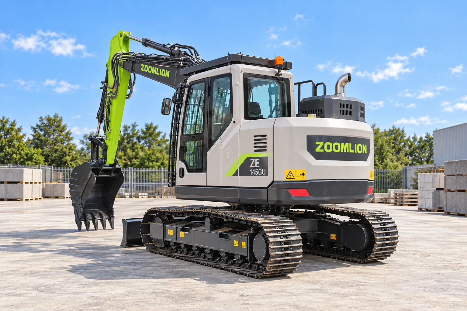 Illustrative rear oblique with cab side view of a Zoomlion ZE145GU excavator with pictured cab guard, digging bucket and blade; not a photograph of a specific machine.
