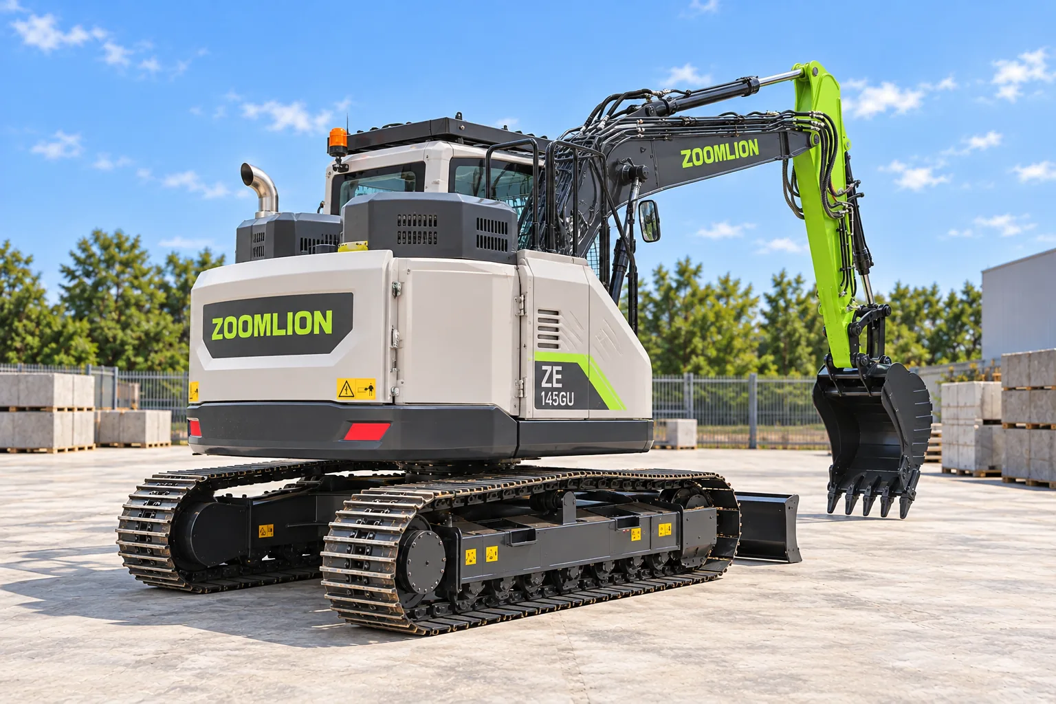Illustrative rear oblique with service side view of a Zoomlion ZE145GU excavator with pictured cab guard, digging bucket and blade; not a photograph of a specific machine.