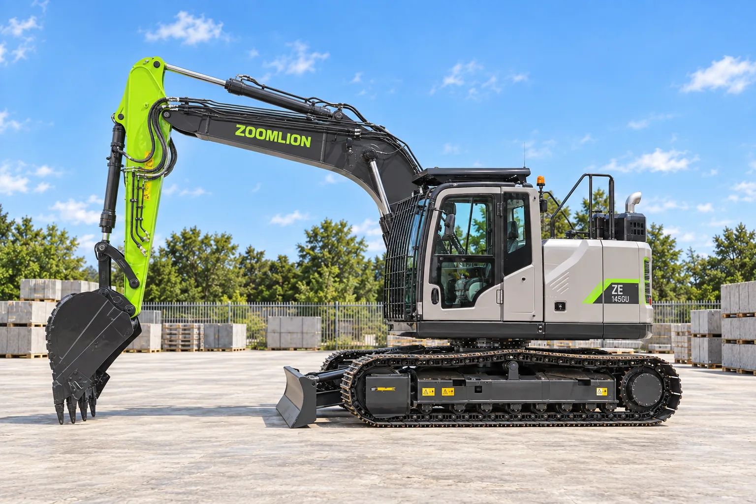 Illustrative cab-side profile view of a Zoomlion ZE145GU excavator with pictured cab guard, digging bucket and blade; not a photograph of a specific machine.