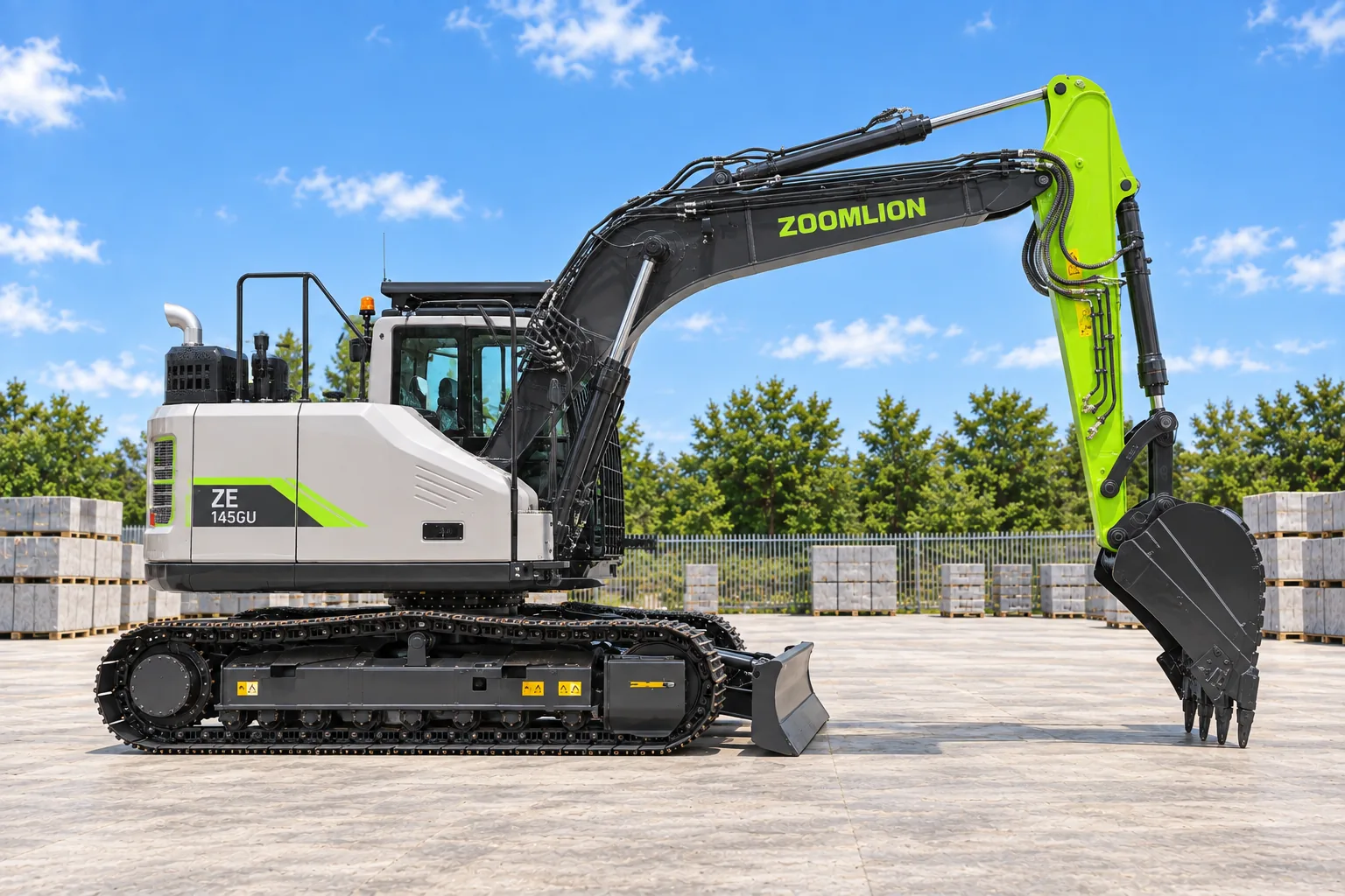 Illustrative service-side profile view of a Zoomlion ZE145GU excavator with pictured cab guard, digging bucket and blade; not a photograph of a specific machine.