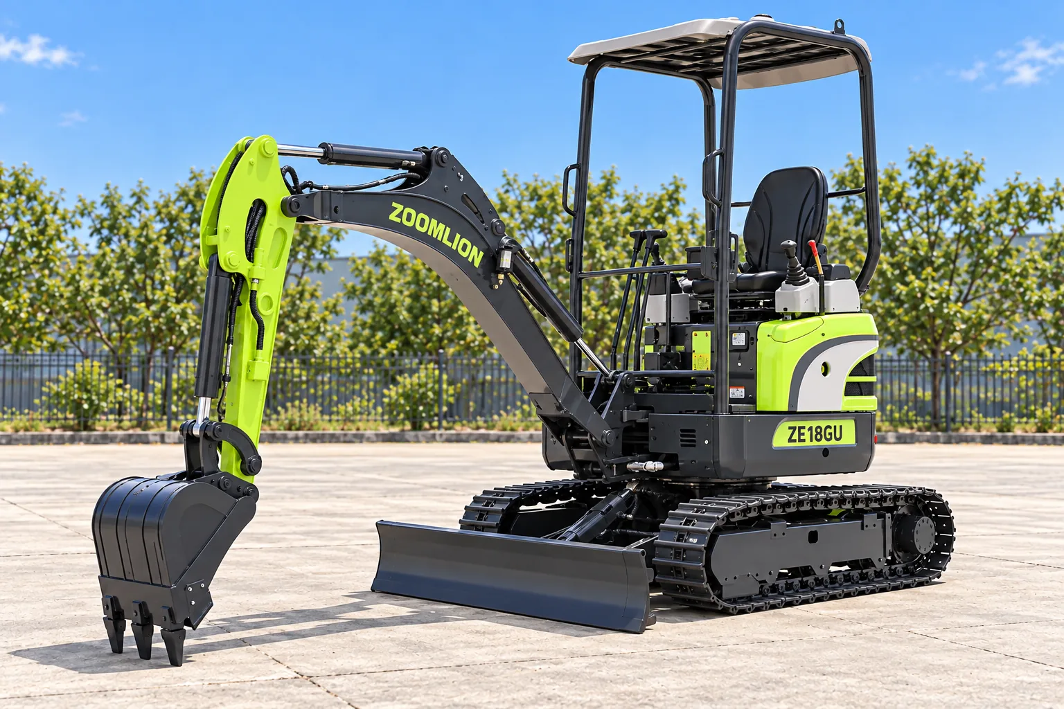 Illustrative left-oblique view of a Zoomlion ZE18GU open-canopy excavator with a possibly optional steel-track-looking setup; not a photograph of a specific machine.